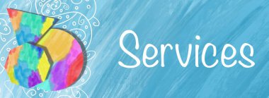 Renkli ögelerle mavi arkaplan üzerine yazılmış servis metni.