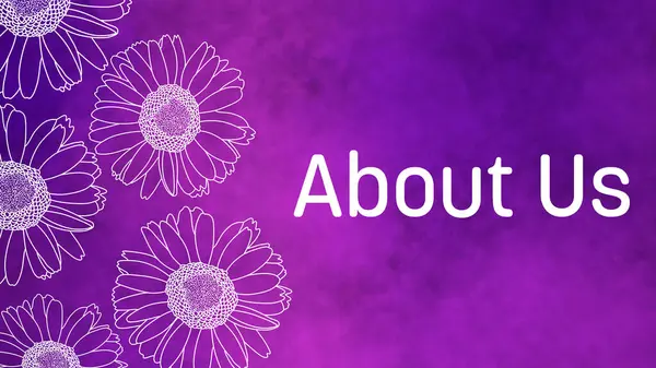 About Us text written over purple floral feminine background.