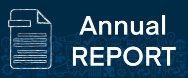 Mavi arkaplan üzerinde metin ve dosya kağıdı sembolü bulunan yıllık rapor konsepti.