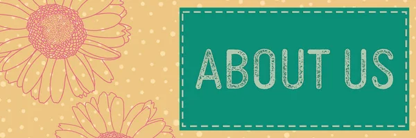About Us text written over turquoise floral background.