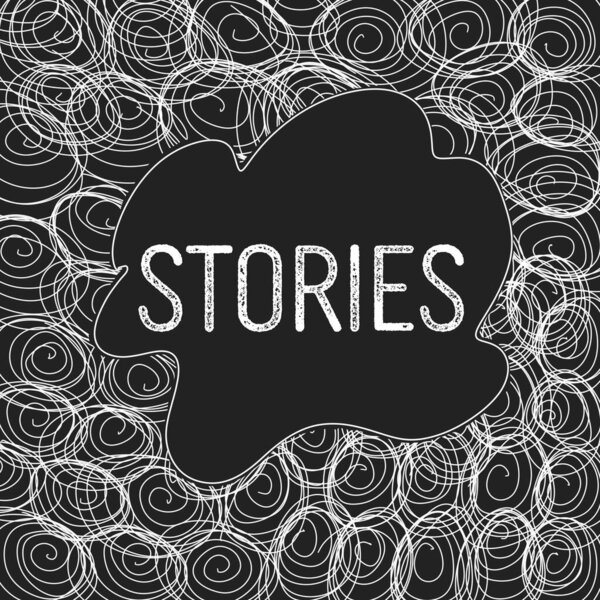 Текст рассказов на черно-белом фоне с текстурой черного элемента.