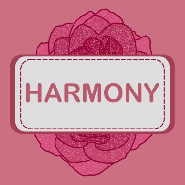 Pembe eflatun çiçekli arkaplan üzerine yazılmış harmoni metni.