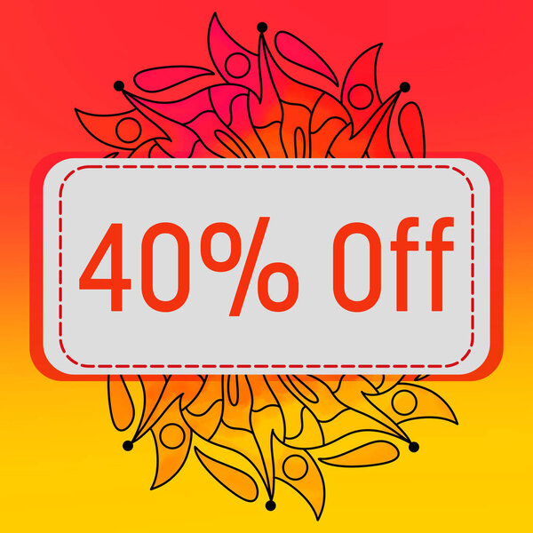 Скидка 40% на текст, написанный на красный оранжевый желтый фон с элементом мандала.