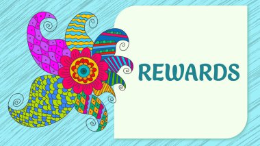 Rewards text written over blue colorful background with doodle design element. clipart