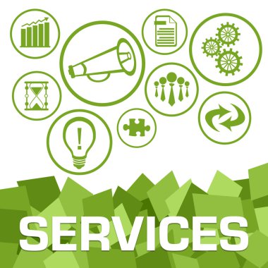 Services concept image with text and business symbols.