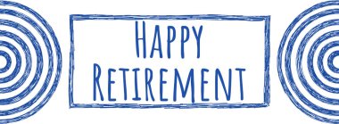 Mavi arkaplanda mavi ballpen desenli Mutlu Emeklilik metinleri.