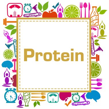 Metin ve sağlık sembolleriyle protein konsepti resmi.