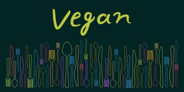 Metin ve kaşık çatal bıçak sembolleriyle vegan konsepti görüntüsü.