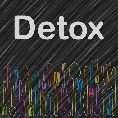 Metin ve kaşık çatal bıçak renkli çizim ile detoks konsepti resmi.