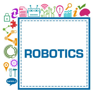Metin ve teknolojiyle ilgili sembollerle robot konsepti resmi.