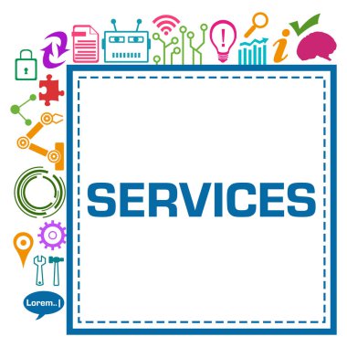 Metin ve teknolojiyle ilgili sembollerle hizmetler konsepti.