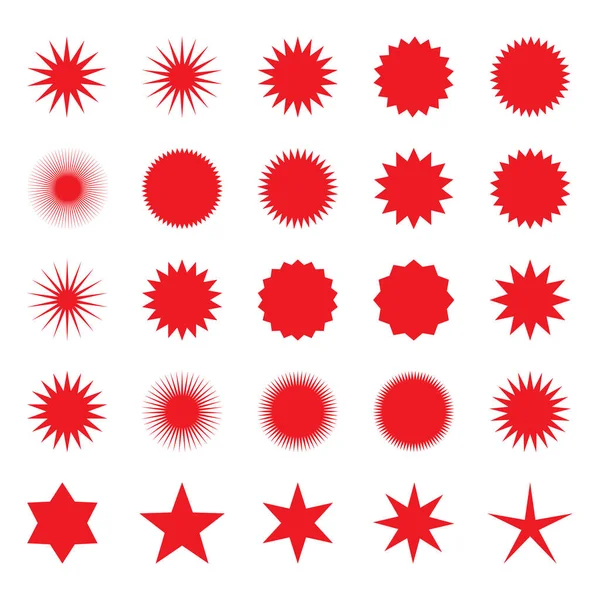 Forme Stella Esplose Luminosità Vettoriale Rosso Scoppiare Stelle Simboli Isolati — Vettoriale Stock