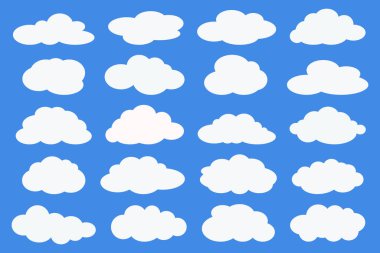 Mavi arkaplanda bulut simgeleri var. Düz bulutlu vektör koleksiyonu. Beyaz bulutlar grubu. Düz illüstrasyon için tasarım ögesi.