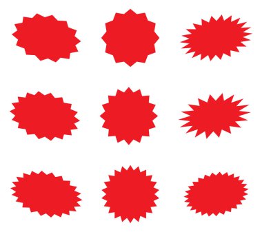 Güneş patlaması promosyon etiketi, yıldız patlaması kırmızı konuşma balonları, patlayan çıkartma tanıtım rozetleri. Patlama yıldız düğmesi vektör çizimi.