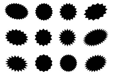 Güneş patlaması tanıtım etiketi, yıldız patlaması konuşma balonları, patlayan çıkartma tanıtım rozetleri. Patlama yıldız düğmesi vektör çizimi.