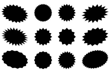 Güneş patlaması tanıtım etiketi, yıldız patlaması konuşma balonları, patlayan çıkartma tanıtım rozetleri. Patlama yıldız düğmesi vektör çizimi.