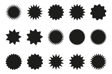 Retro yıldızlar, güneş patlaması. Siyah ışınlar havai fişekler. Tasarım elemanları. Satış etiketi, fiyat etiketi, kalite notu için en iyisi. Düz vektör çizimi beyaz arkaplanda izole edildi.