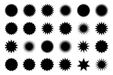 Retro yıldızlar, güneş patlaması tasarım elementleri satış etiketi, fiyat etiketi, kalite notu. Siyah ışınlar havai fişekler. Düz vektör çizimi beyaz arkaplanda izole edildi.