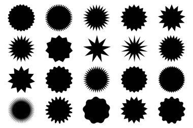 Retro yıldızlar, güneş patlaması tasarım elementleri satış etiketi, fiyat etiketi, kalite notu. Siyah ışınlar havai fişekler. Düz vektör çizimi beyaz arkaplanda izole edildi.
