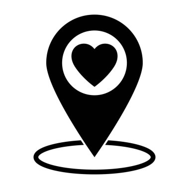 Kalp ikonuna sahip harita işaretçisi, GPS 'i olan bir ikon. Harita pin simgesi, konum pin vektörü simgesi.