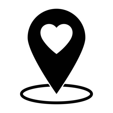 Kalp ikonuna sahip harita işaretçisi, GPS 'i olan bir ikon. Harita pin simgesi, konum pin vektörü simgesi.