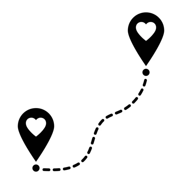 两个地球定位标志与心脏 带有心脏图标的地图指针 连接情人 长距离关系 爱情是没有距离的 情人节快乐卡 矢量说明 — 图库矢量图片