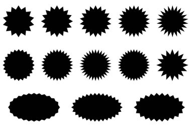 Yıldız patlaması çıkartmaları. Siyah güneş patlaması rozetleri, izole yıldız fiyat etiketleri.