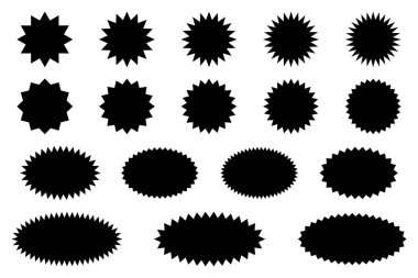 Yıldız patlaması çıkartmaları. Siyah güneş patlaması rozetleri, izole edilmiş yıldız fiyat etiketleri. Özel satış turu ve oval güneş patlaması etiketleri koleksiyonu.