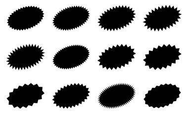 Yıldız patlaması çıkartma seti - beyaz arka planda izole edilmiş oval şekilli güneş patlaması etiketleri ve rozetlerin özel koleksiyonu. Reklam kampanyası için yıldız köşeli çıkartmalar.