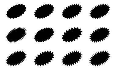 Oval Yıldız patlaması çıkartmaları. Siyah güneş patlaması rozetleri, izole yıldız fiyat etiketleri.