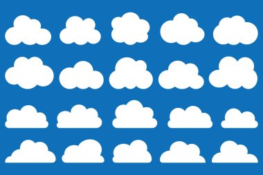 Mavi arkaplanda düz bulut şekil vektörü simgesi ayarlandı.