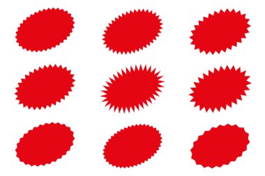 Oval Yıldız patlaması çıkartmaları. Siyah güneş patlaması rozetleri, izole edilmiş yıldız fiyat etiketleri. Özel satışlardan elde edilen güneş patlaması etiketleri ve rozetler. Reklam kampanyası için yıldız köşeli çıkartmalar.