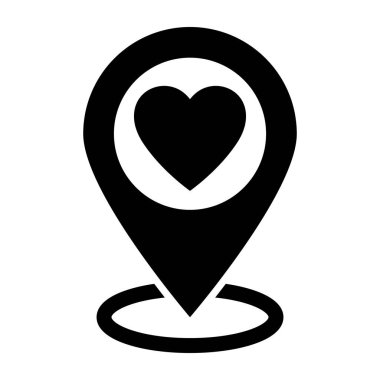 Kalp ikonuna sahip harita işaretçisi, GPS 'i olan bir ikon. Harita pin simgesi, konum pin vektörü simgesi.