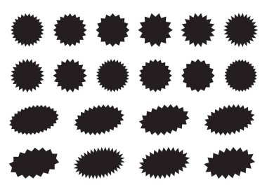 Güneş patlaması tanıtım etiketi, yıldız patlaması konuşma balonları, patlayan çıkartma tanıtım rozetleri. Patlama yıldız düğmesi vektör çizimi.