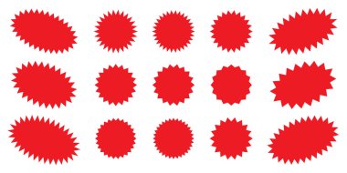 Yıldız patlaması konuşma baloncukları, patlayan reklam yıldızları çıkartma tanıtım rozetleri. Patlama yıldız düğmesi vektör çizimi.