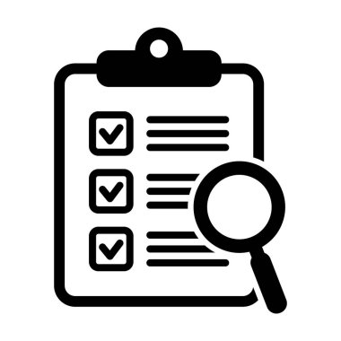 Büyüteç simgeli pano, iş konsepti. Analiz, ikon analiz. Dosya arama simgesi, belge araması, vektör izole.