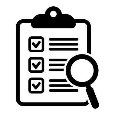 Analiz, ikon analiz. Büyüteç simgeli pano, iş konsepti. Dosya arama simgesi, belge araması, vektör izole.