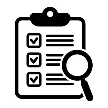 Analiz, ikon analiz. Büyüteç simgeli pano, iş konsepti. Dosya arama simgesi, belge araması, vektör izole.