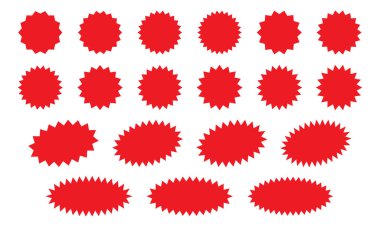 Yıldız patlaması kırmızı etiket seti - beyaz arkaplanda özel satış yuvarlak koleksiyonu ve oval güneş patlaması etiketleri ve izole edilmiş düğmeler. Reklam için yıldız kenarlı çıkartmalar ve rozetler..