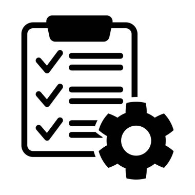 Teknik destek kontrol listesi simgesi. Vites izole edilmiş simgesi olan pano. Yönetim düz simge konsepti. Yazılım geliştirme.