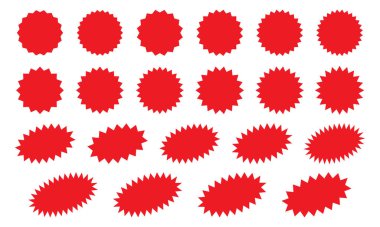 Yıldız patlaması kırmızı etiket seti - beyaz arkaplanda özel satış yuvarlak koleksiyonu ve oval güneş patlaması etiketleri ve izole edilmiş düğmeler. Reklam için yıldız kenarlı çıkartmalar ve rozetler..