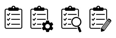 Clipboard icon. Checklist with gear, magnifier and pencil. Vector illustration.