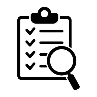 Analiz, ikon analiz. Büyüteç simgeli pano, iş konsepti. Dosya arama simgesi, belge araması, vektör izole.