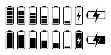 Battery icon set. Battery charge level. Battery charging icon. Battery charge indicator, vector graphics.