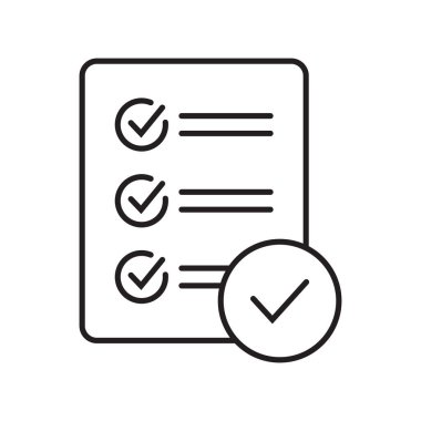 Thin line checklist with mark icon, report icon on white background.
