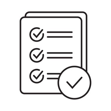 Thin line checklist with mark icon, report icon on white background.