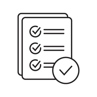 Thin line checklist with mark icon, report icon on white background.