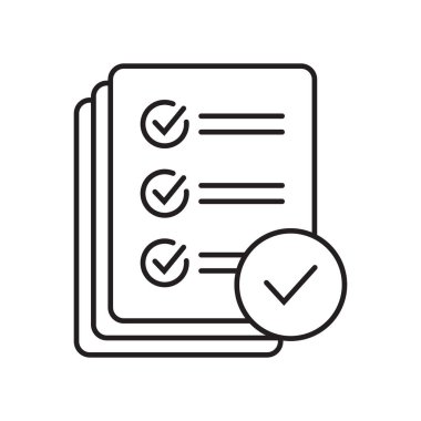 Thin line checklist with mark icon, report icon on white background.