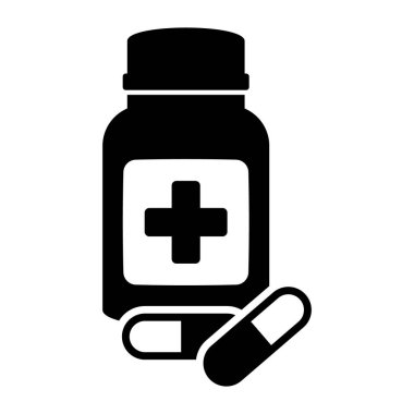 İlaç şişesi ve hap ikonu. Siyah beyaz ikon. Vektör illüstrasyonu