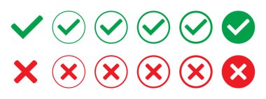 Tick and cross vector icons. Green tick and red cross checkmarks in circle flat icons. Yes or no line symbol, approved or rejected icon for user interface.